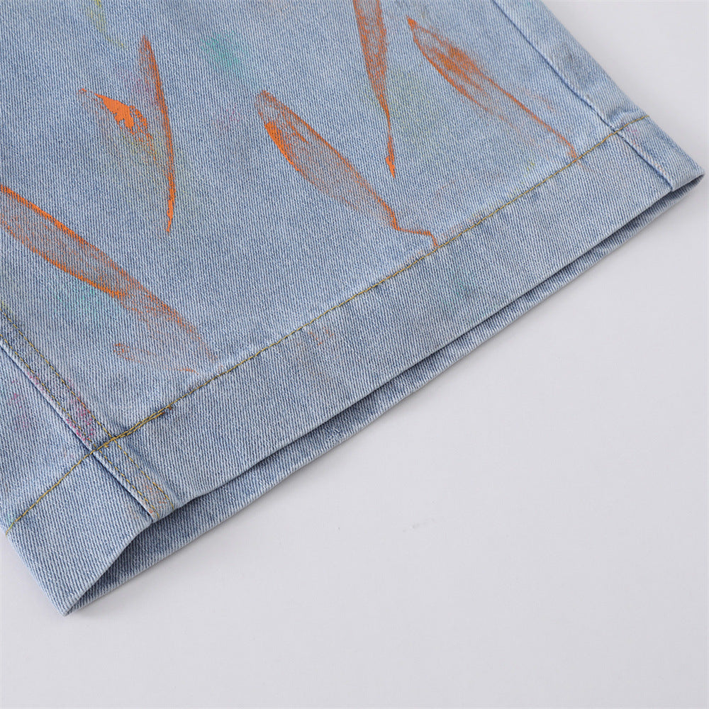 Hand-Painted Graffiti Denim Shorts – Wide-Leg Washed Jean Shorts
