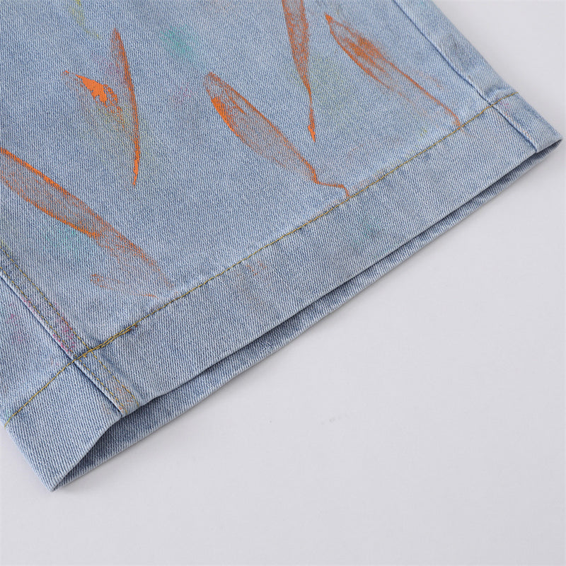 Hand-Painted Graffiti Denim Shorts – Wide-Leg Washed Jean Shorts