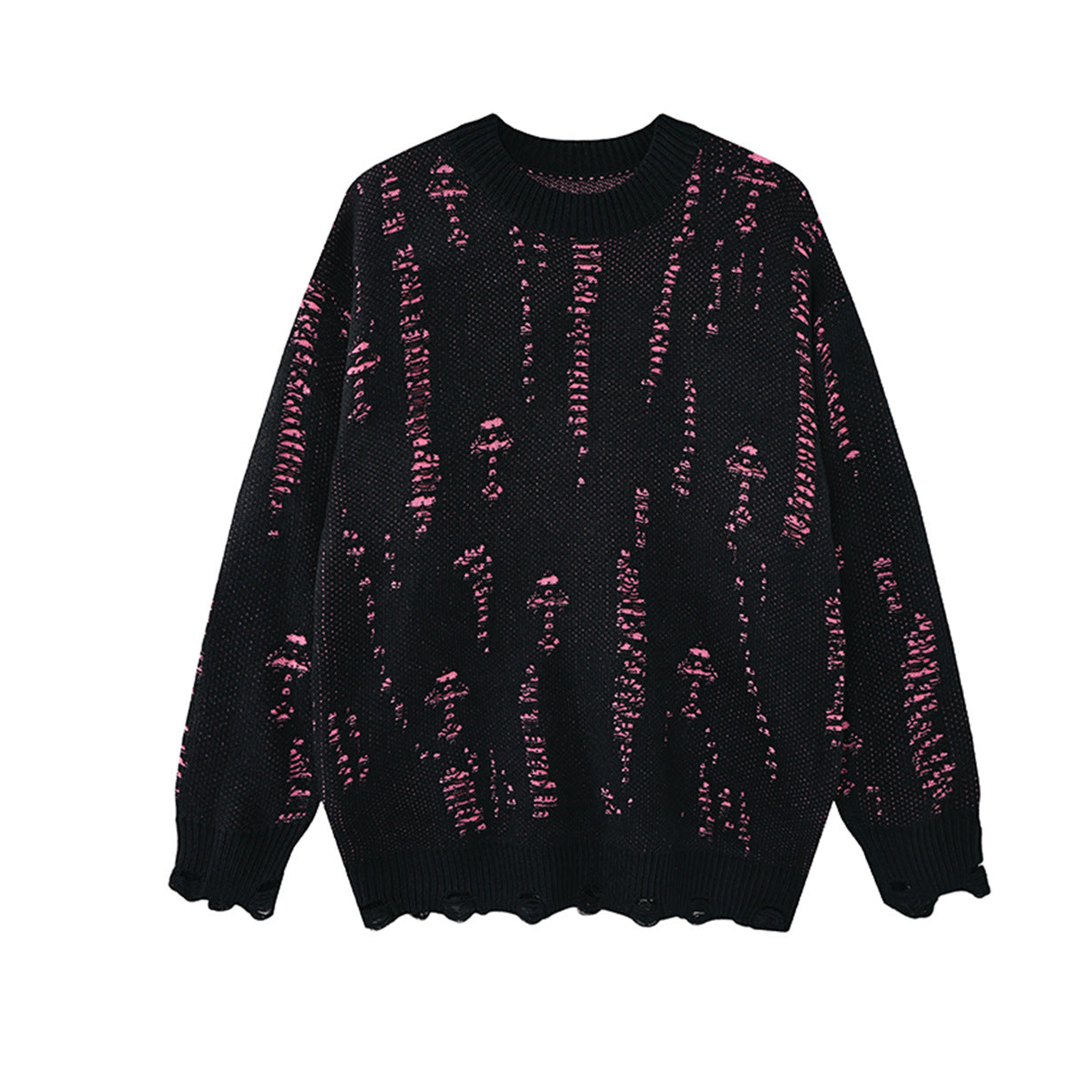 Oversized-Strickpullover aus schwarzem Used-Jacquard mit Rundhalsausschnitt und pinken Kontrastdetails im Laufmaschen-Look, Vorderansicht