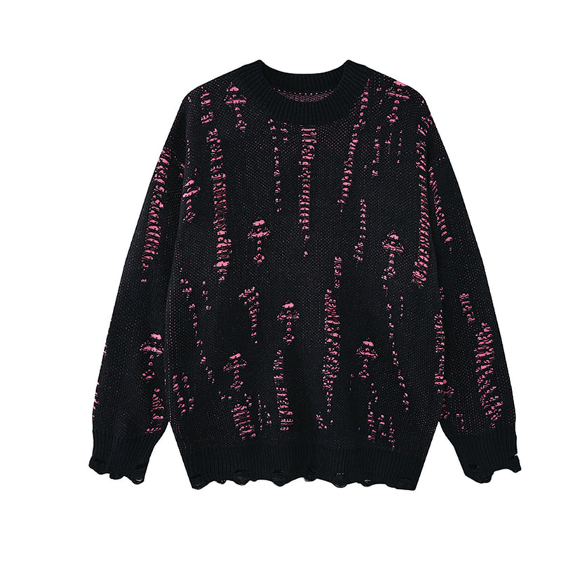 Oversized-Strickpullover aus schwarzem Used-Jacquard mit Rundhalsausschnitt und pinken Kontrastdetails im Laufmaschen-Look, Vorderansicht