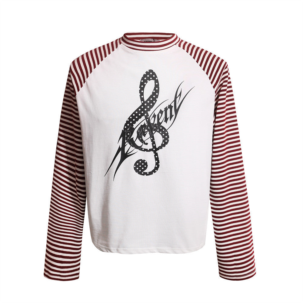 Men's Striped Raglan Long-Sleeve Tee with Music Note Graphic Print
