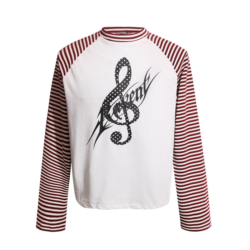 Men's Striped Raglan Long-Sleeve Tee with Music Note Graphic Print