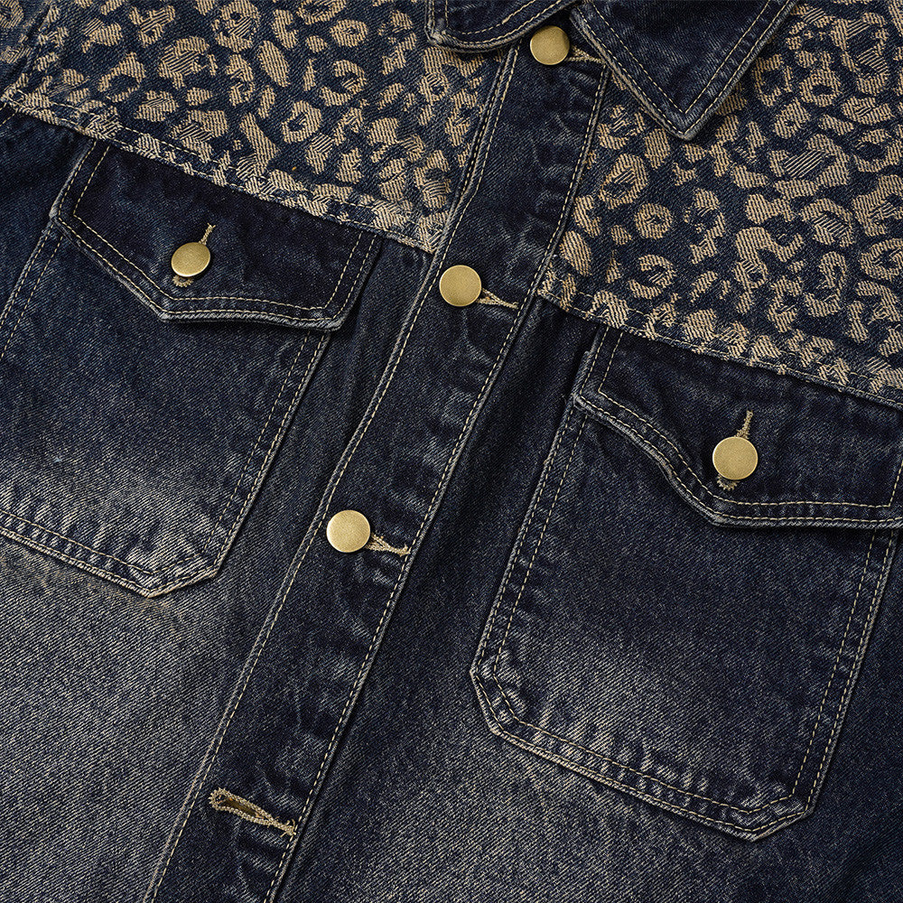 Veste en jean jacquard léopard – Trucker homme délavé à coupe décontractée