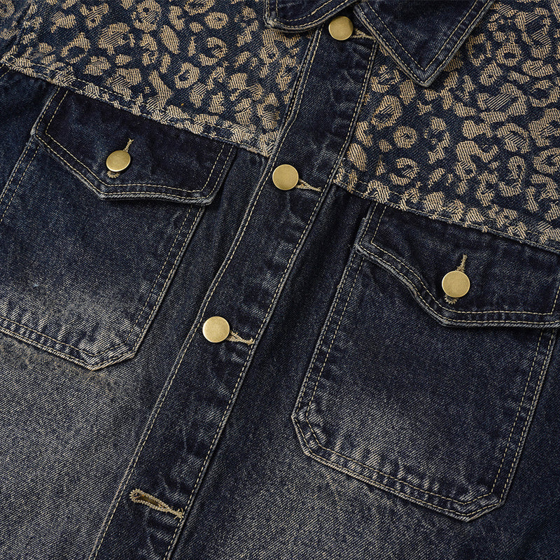 Veste en jean jacquard léopard – Trucker homme délavé à coupe décontractée