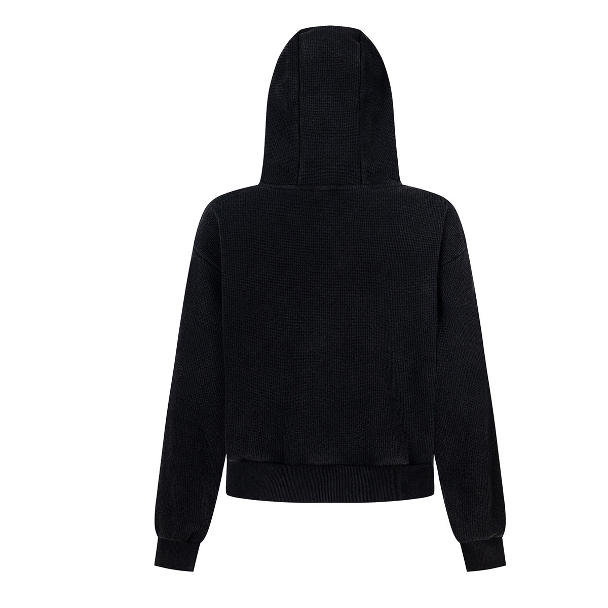 Gothic Scroll Print Zip-Up Hoodie – Washed Waffle Knit, Black