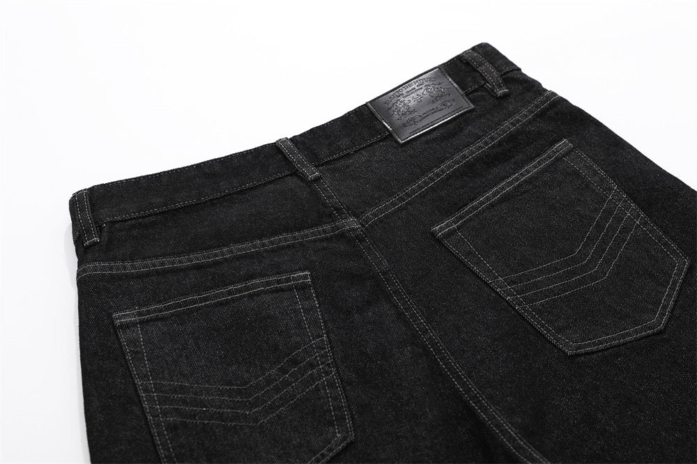 Black Denim Wide-Leg Shorts with Diagonal Button Placket