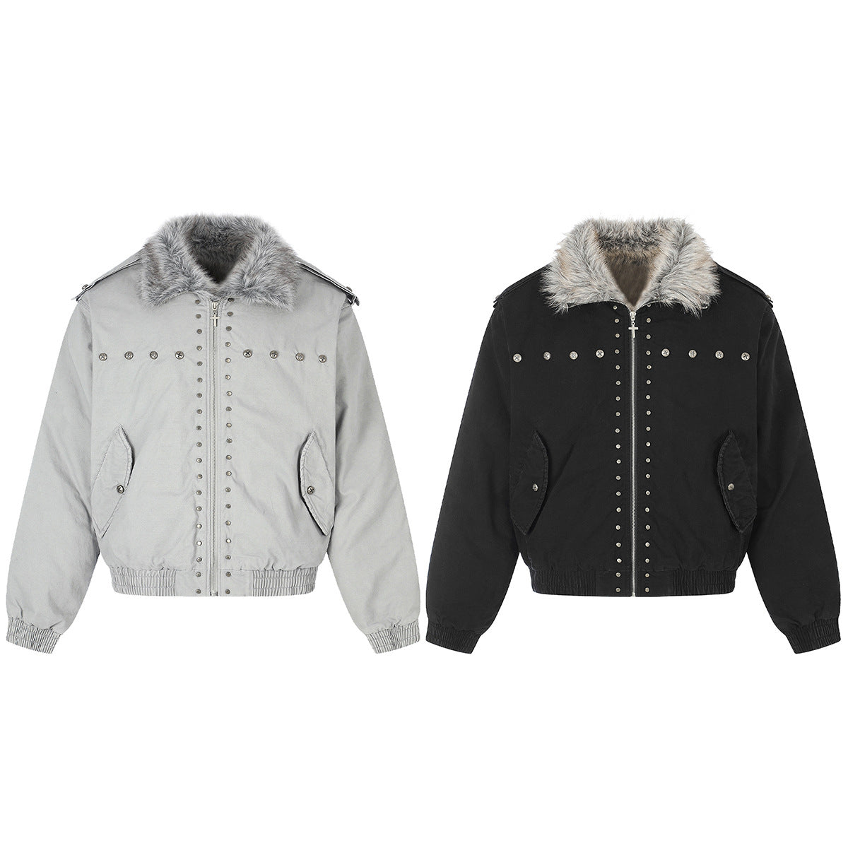 Studded Faux Fur Collar Bomber Jacket – Padded Moto-Inspired Winter Coat