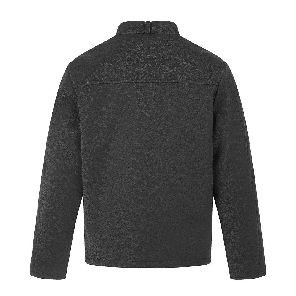 Men's Black Stand-Collar Moto Jacket – Textured Zip-Up Biker Coat