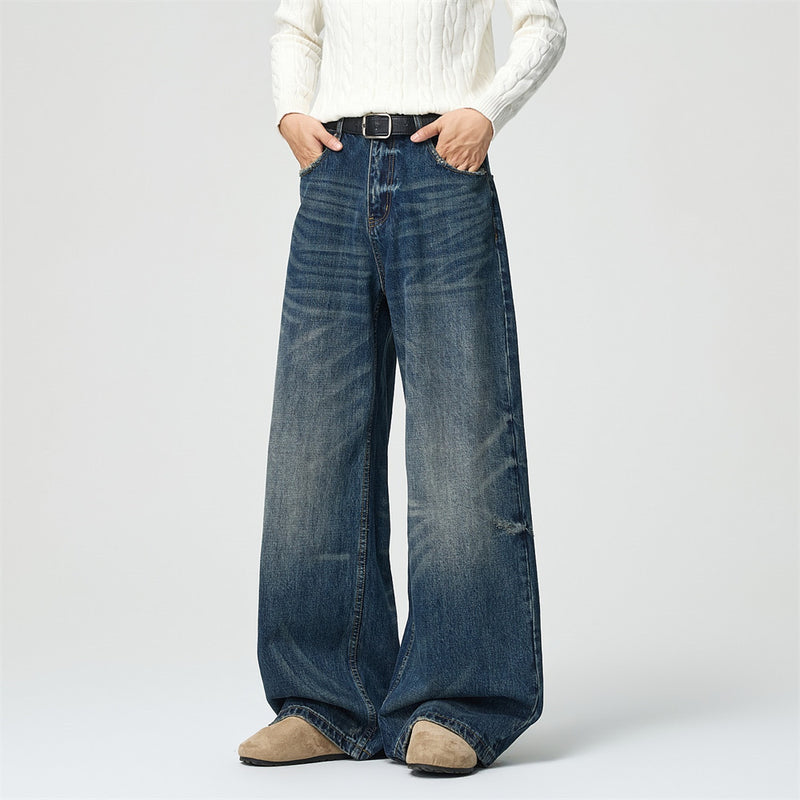 Wide-Leg Distressed Baggy Jeans – Men's Washed Vintage Straight-Cut Denim