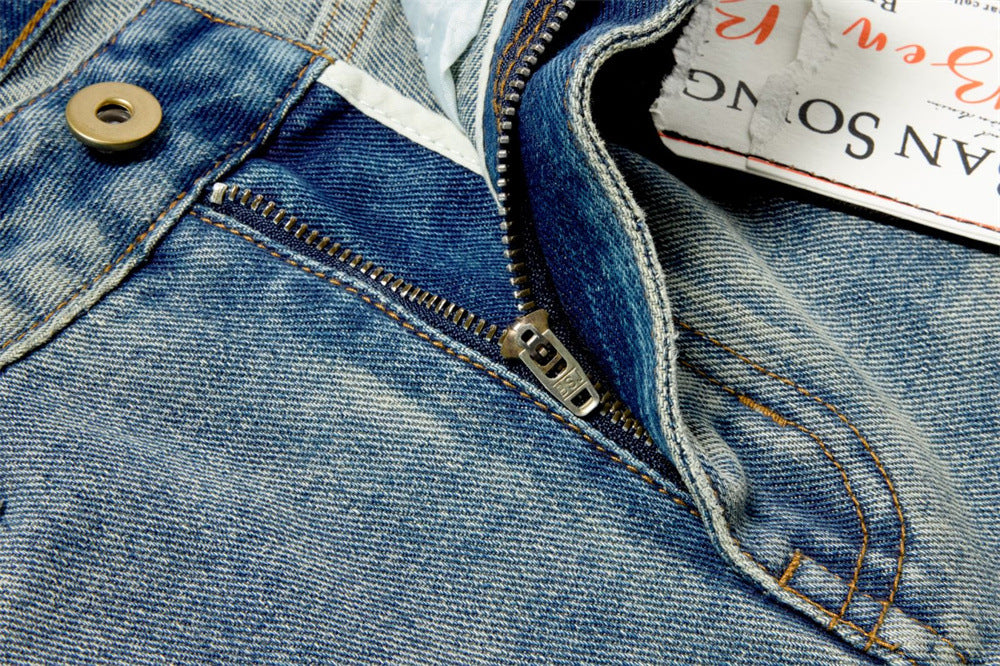 Jeans Star Print Baggy Wide-Leg Men – Washed Light Blue Straight Trousers
