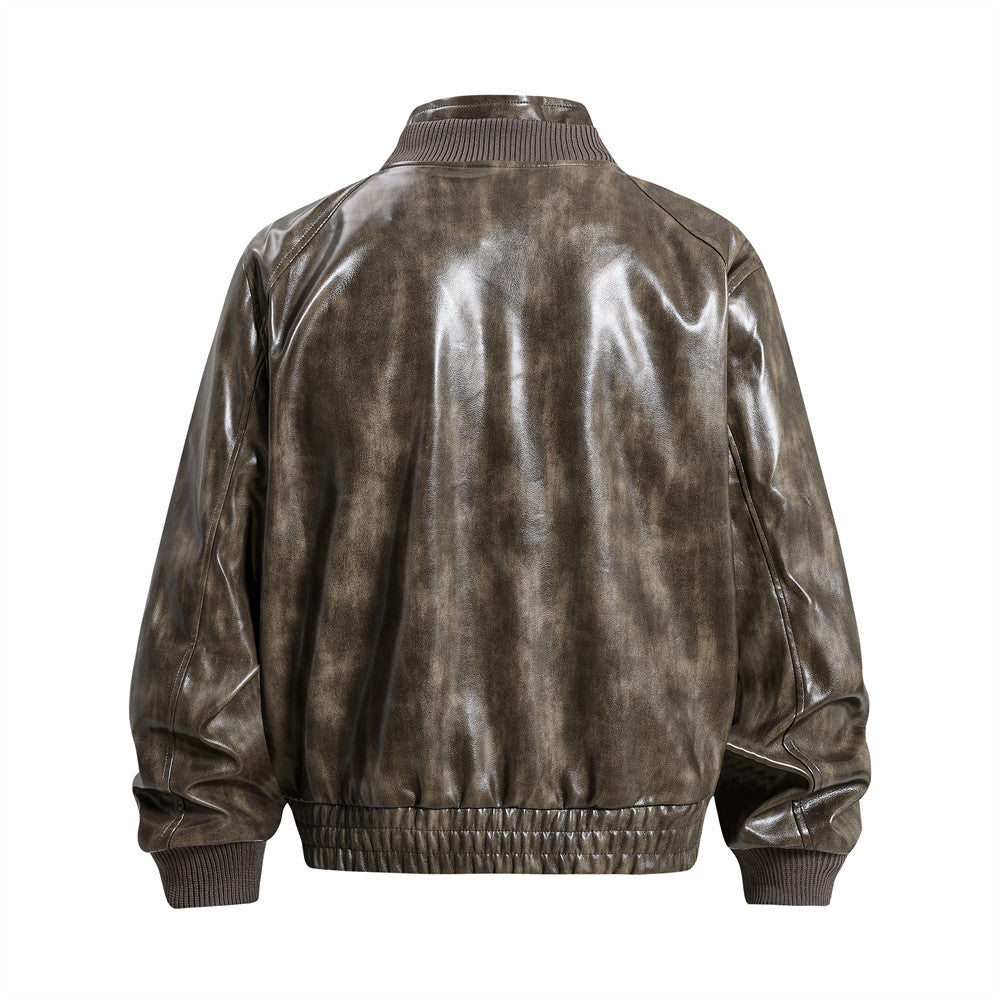 Men's Distressed Glossy PU Leather Bomber Jacket with Stand Collar & Diagonal