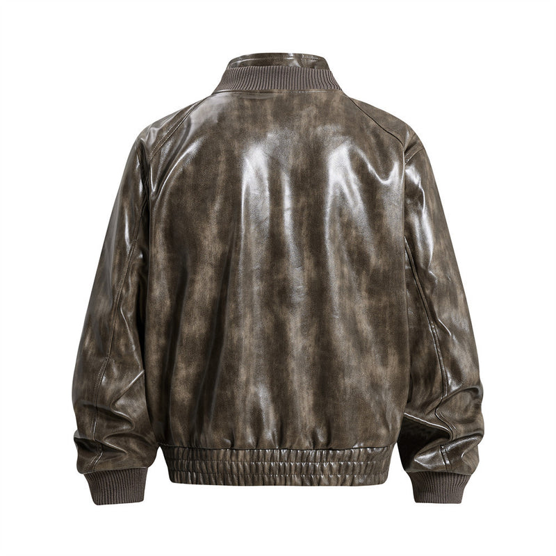 Men's Distressed Glossy PU Leather Bomber Jacket with Stand Collar & Diagonal