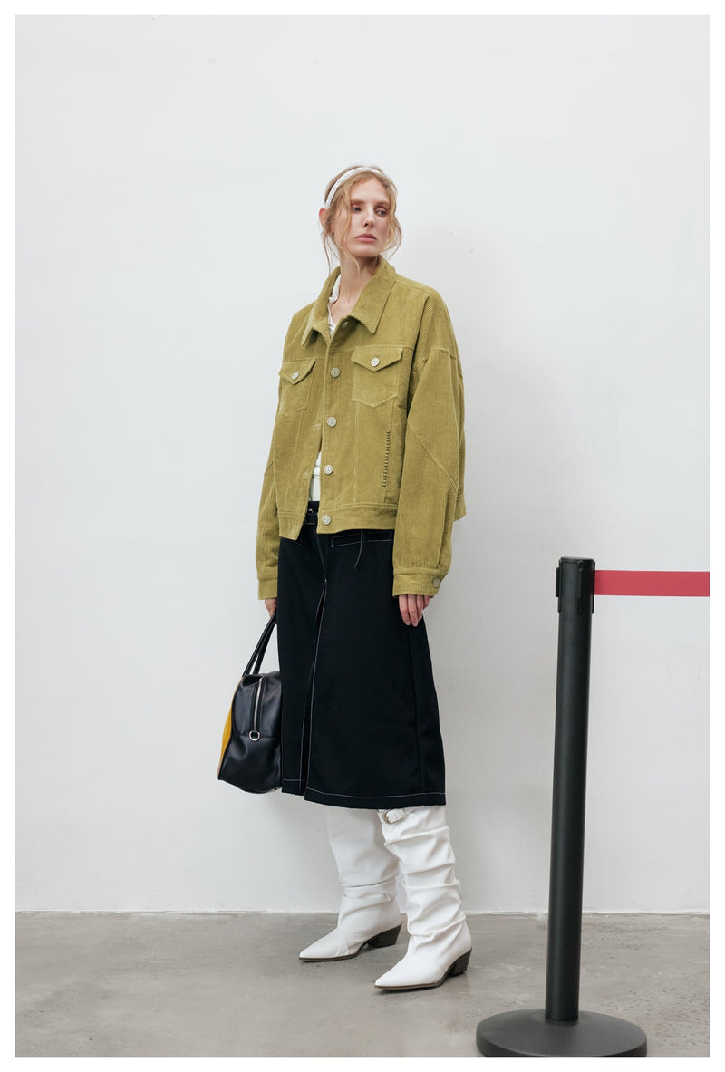 Corduroy Trucker Jacket — Oversized Fit, Floral-Lined, Olive Green