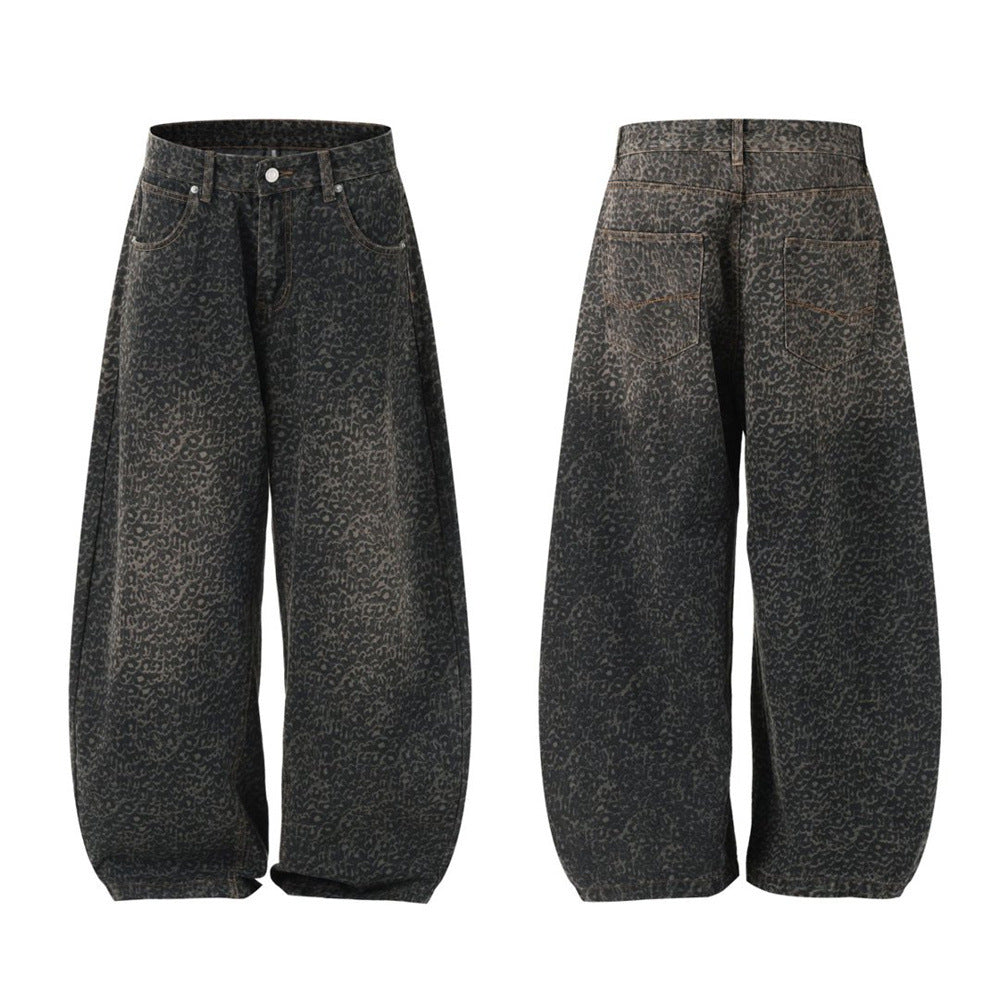 Leopard Print Wide-Leg Baggy Jeans – Oversized Curved Denim Pants