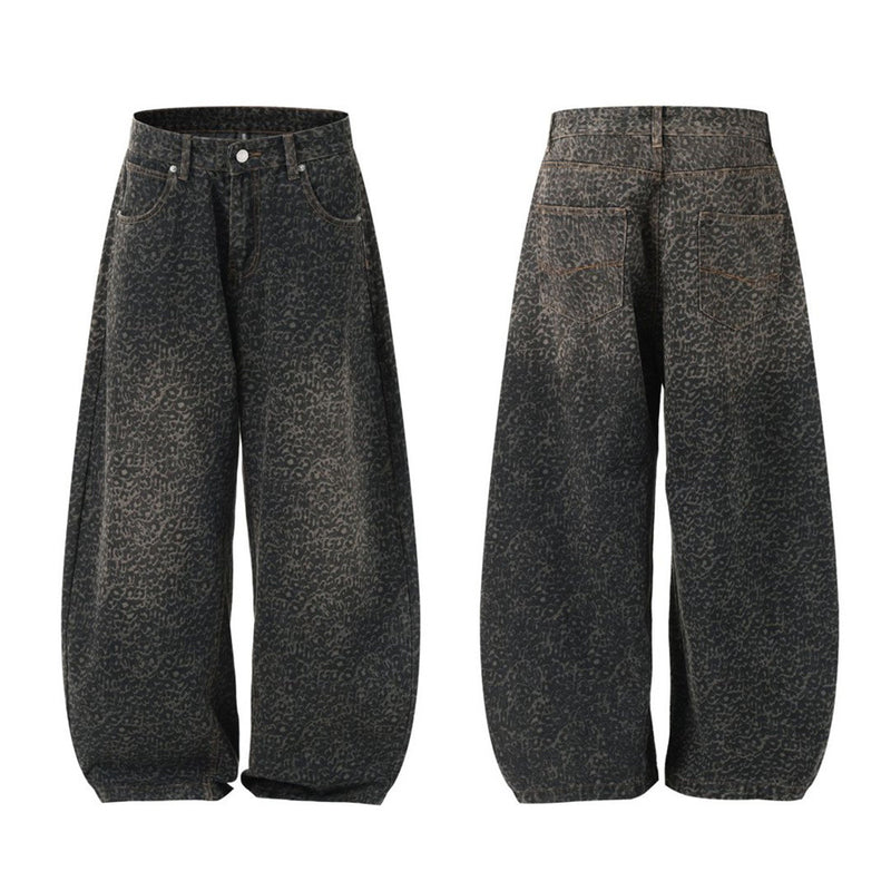 Leopard Print Wide-Leg Baggy Jeans – Oversized Curved Denim Pants