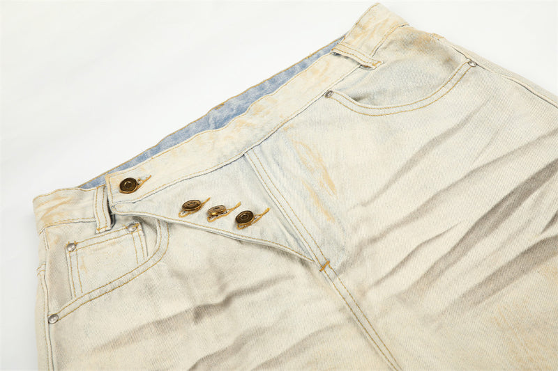 Men's Wide-Leg Distressed Jeans – Mud-Dye Washed, Diagonal Button Fly, Flare Hem