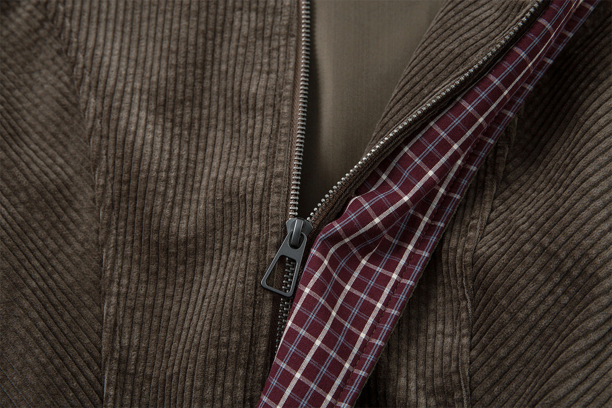 Corduroy Boxy Jacket with Plaid Contrast Lining – Retro American Style