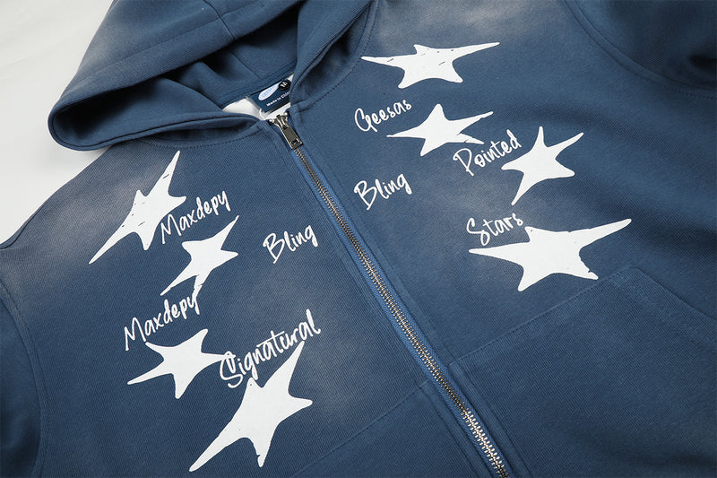 Sudadera Lavada con Cremallera y Estampado de Estrellas — Streetwear Vintage Azul Extragrande