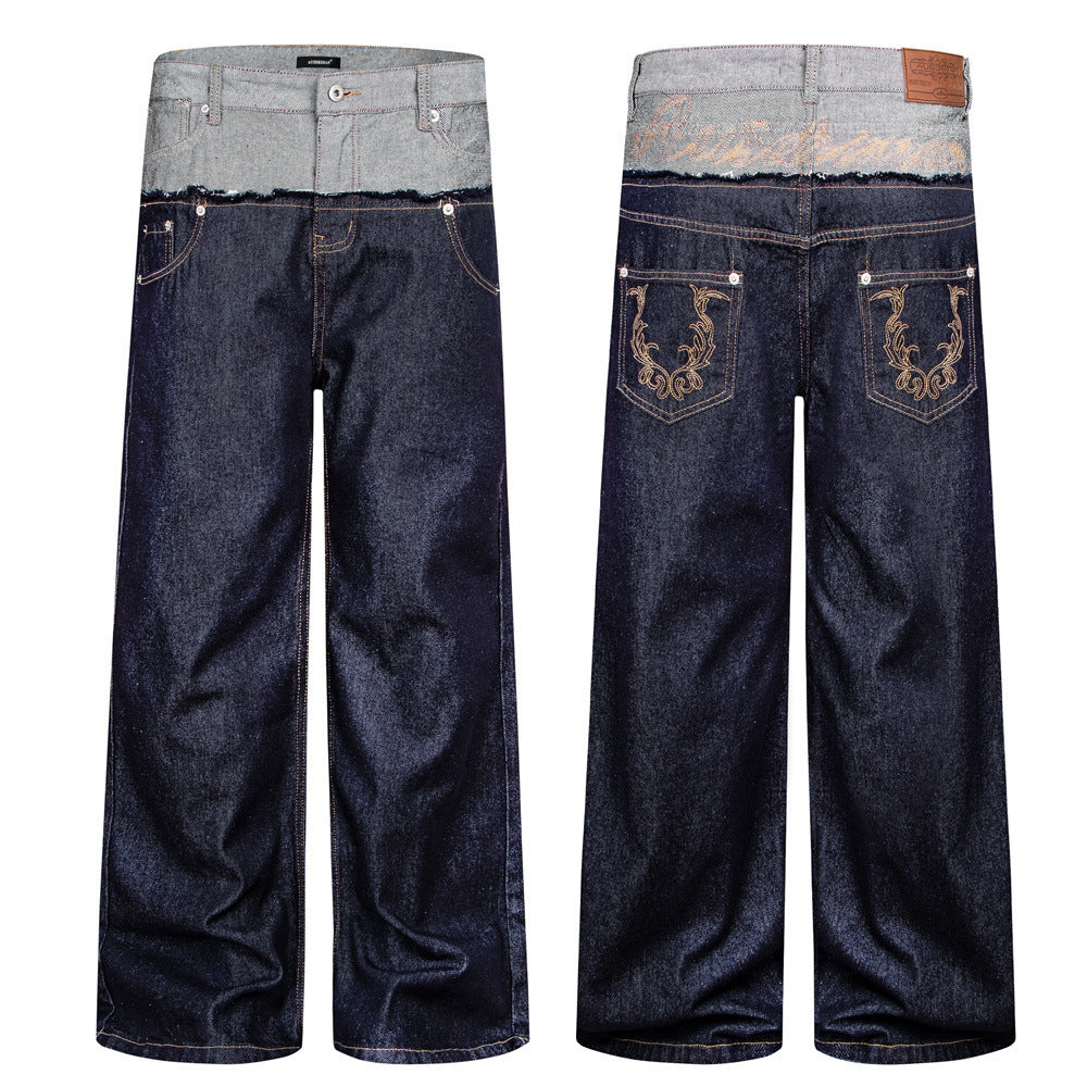 Jean homme ample en denim brut, à double ceinture, empiècement contrasté effiloché et poches arrière brodées dorées, indigo profond
