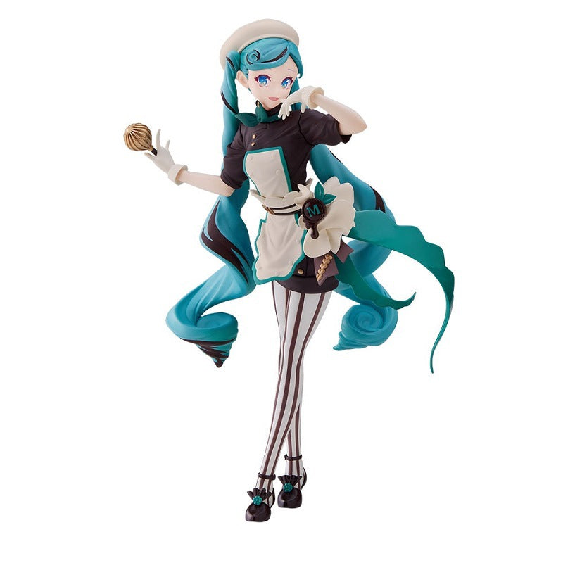 The Hatsune Miku Black Chocolate Pastry Chef 21cm PVC Figure features the iconic turquoise-haired character with a swirl pattern, wearing a black and white chef&