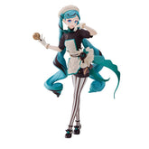 The Hatsune Miku Black Chocolate Pastry Chef 21cm PVC Figure features the iconic turquoise-haired character with a swirl pattern, wearing a black and white chef&