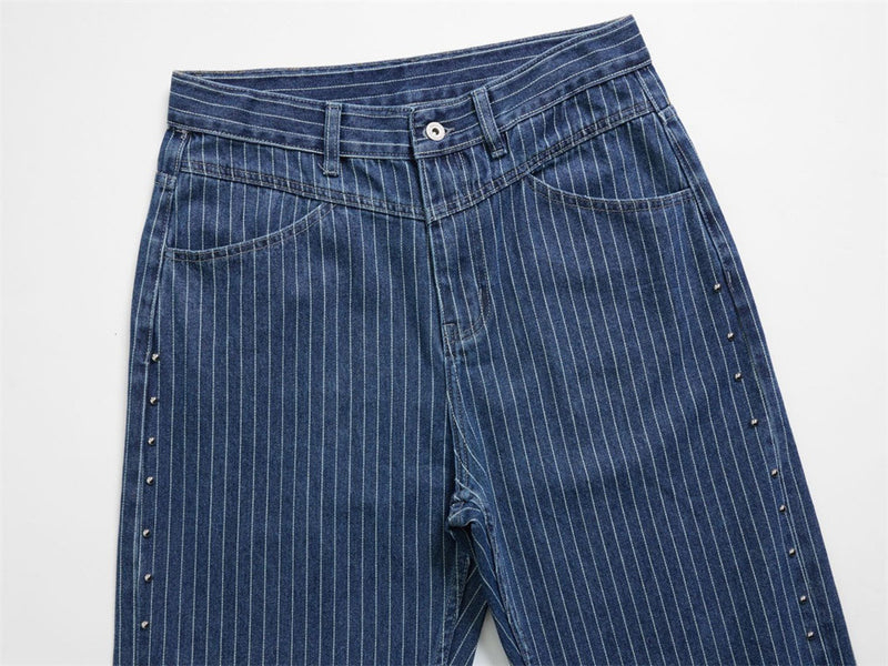 Men's Blue and White Striped Pants Wide-Leg Jeans with Rivet Side Detail