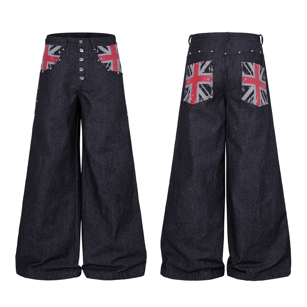 Dark indigo wide-leg denim jeans with Union Jack print yoke and button fly, front and back view