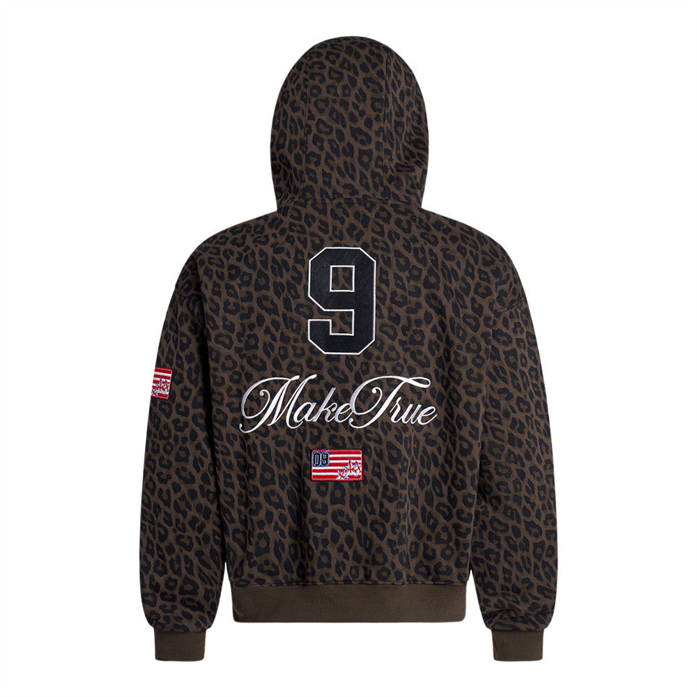 Leopard Print Zip-Up Hoodie – Men's Embroidered Oversized Jacket