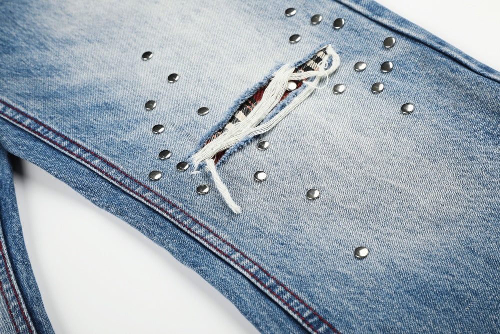 Gradient Washed Distressed Wide-Leg Jeans with Rhinestone Studs