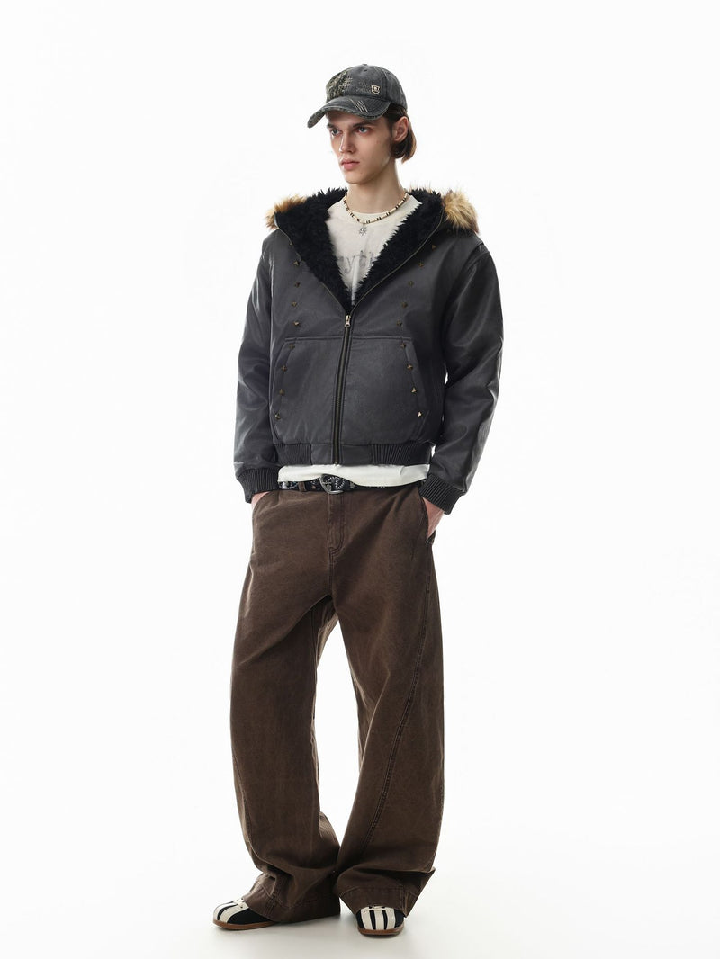 Leather Jacket Fur Collar Studded Hooded Bomber Jacket with Fleece Lining