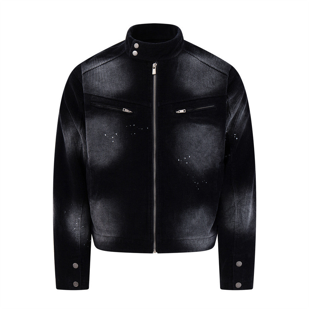 Biker Jacket for Men – Distressed Corduroy Stand-Collar Moto Jacket in Black