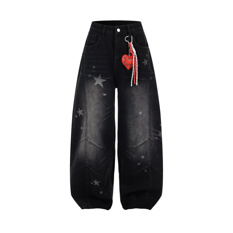 Star Print Wide-Leg Jeans – Men's Baggy Black Denim with Heart Charm