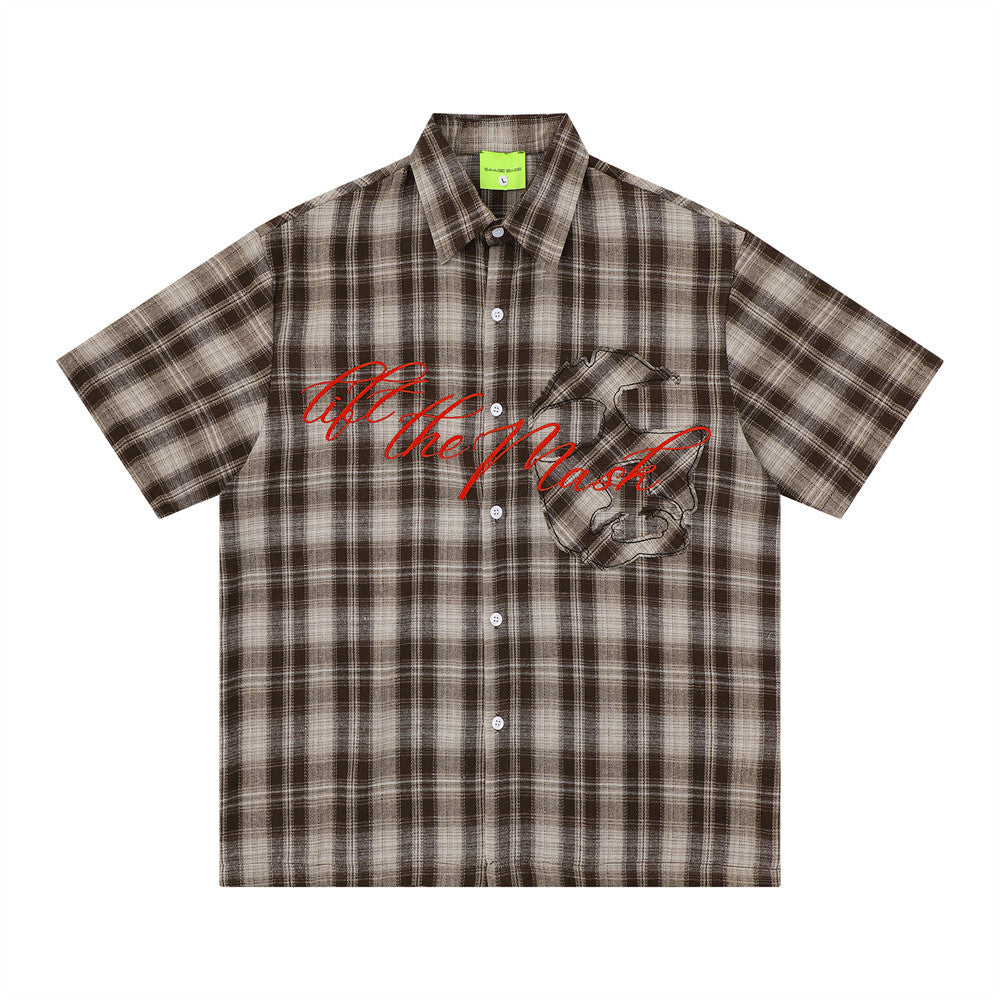Oversized Plaid Short Sleeve Shirt with Embroidered Script Graphic