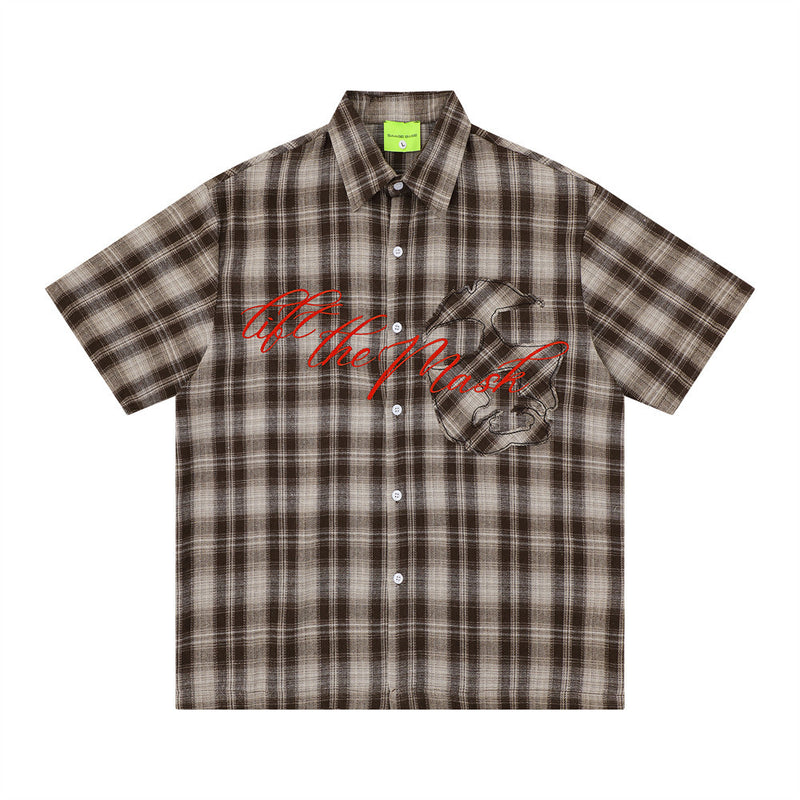 Oversized Plaid Short Sleeve Shirt with Embroidered Script Graphic