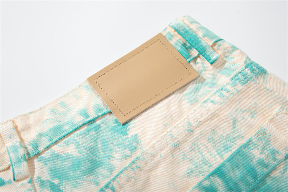 Tie-Dye Wide-Leg Denim Shorts – Loose Fit Cargo-Style Cropped Jeans