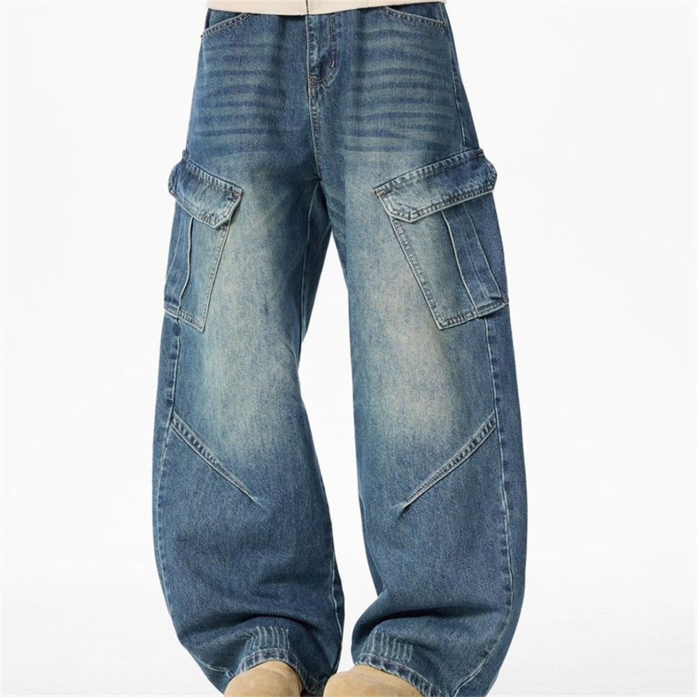 Baggy Wide-Leg Cargo Jeans – Men's Multi-Pocket Distressed Denim