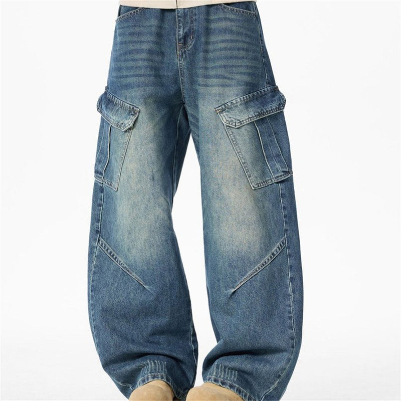 Baggy Wide-Leg Cargo Jeans – Men's Multi-Pocket Distressed Denim