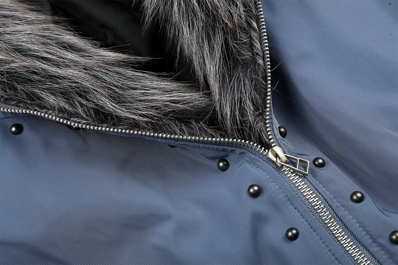 Studded Puffer Bomber Jacket with Faux Fur Hood