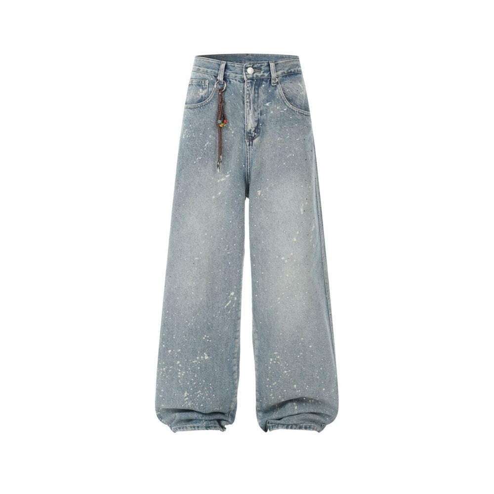 Wide-Leg Paint Splatter Jeans – Men's High-Street Light Blue Washed Denim