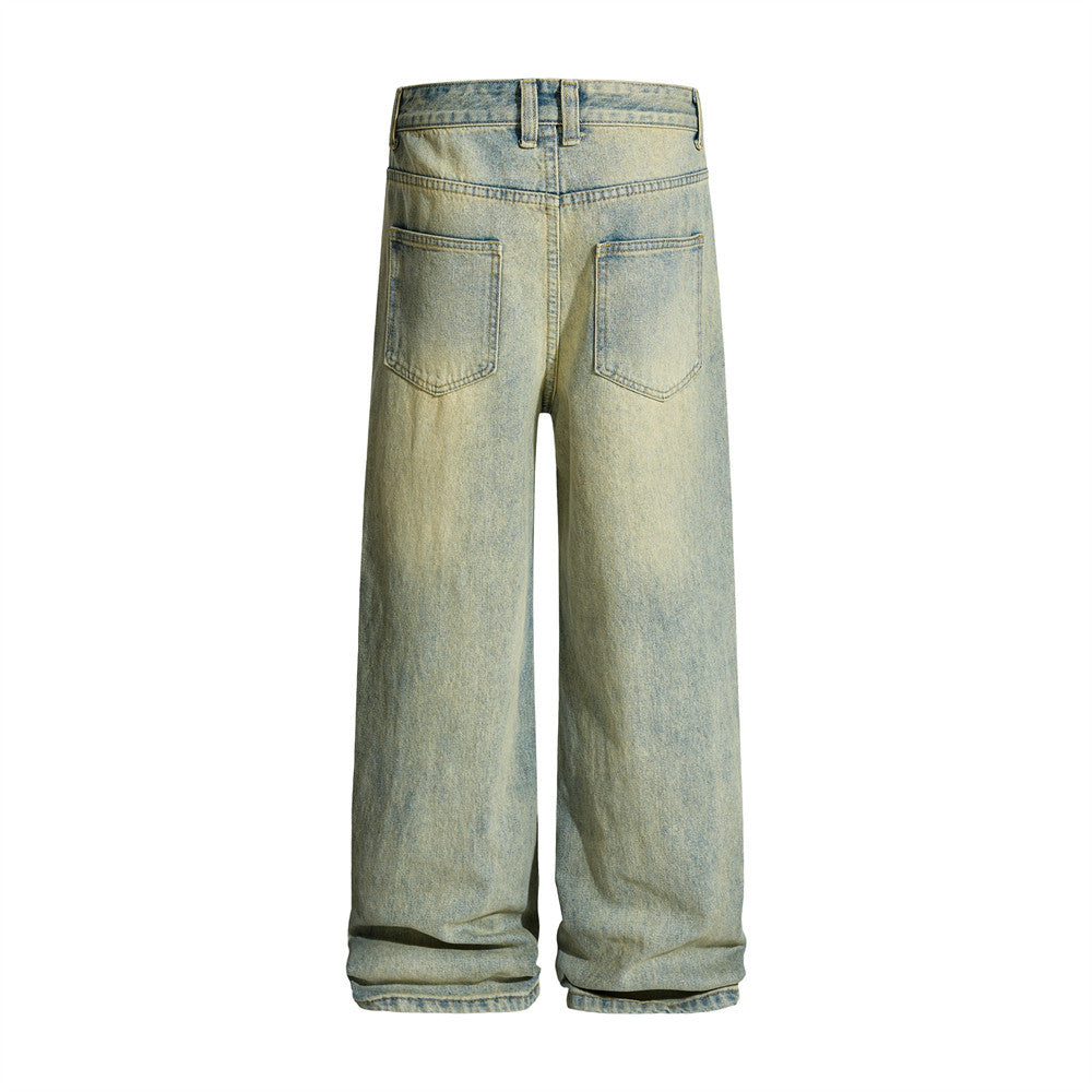 Men's Vintage Washed Wide-Leg Jeans – Relaxed Straight Fit with Horse Charm