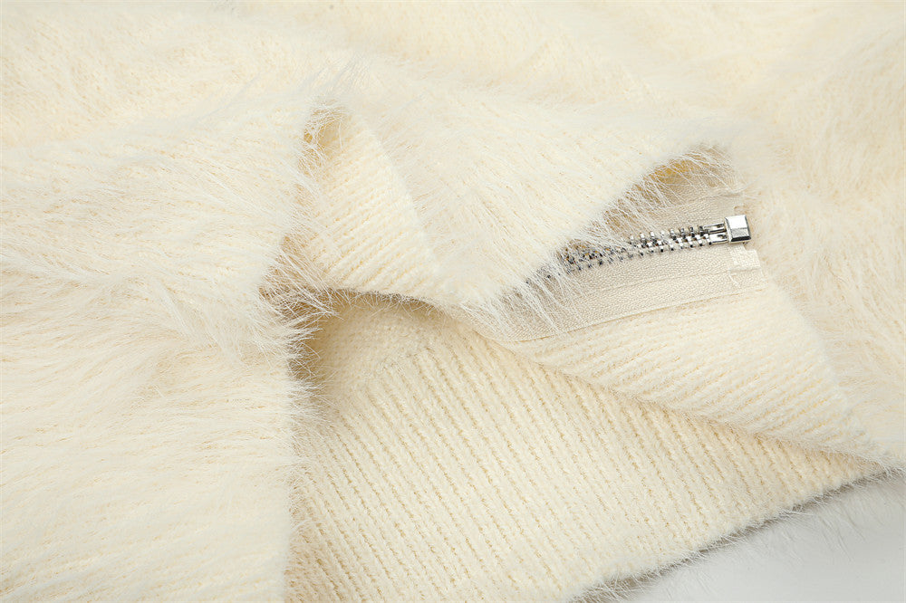 Fuzzy Knit Zip-Up Hoodie with Animal Patches – Streetwear Cardigan