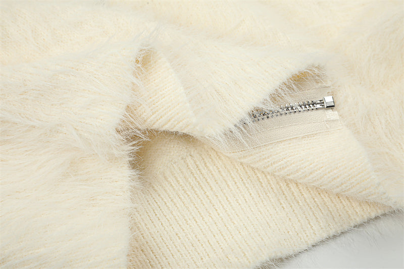 Fuzzy Knit Zip-Up Hoodie with Animal Patches – Streetwear Cardigan