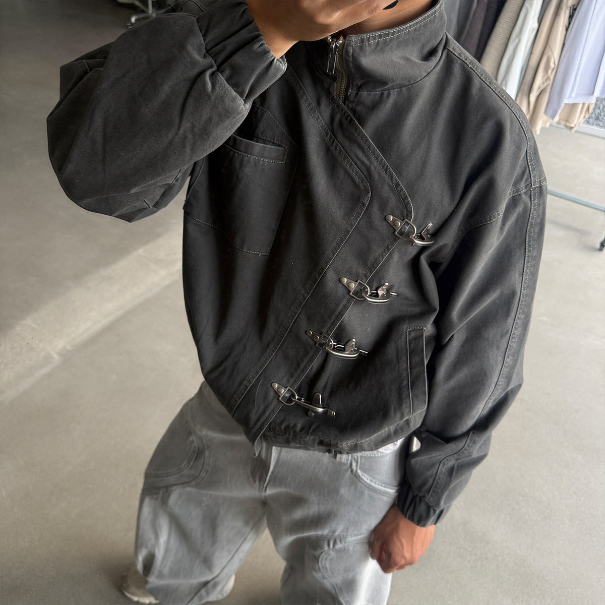 Metal Clasp Bomber Jacket – Washed Cotton Flight Jacket with Diagonal Buckle