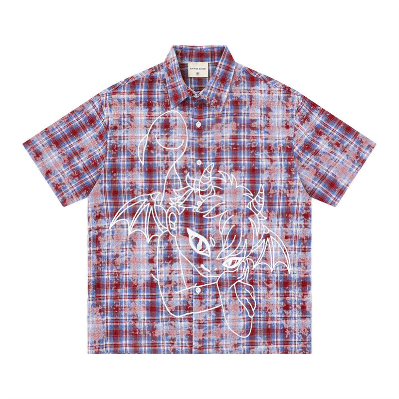 American vintage tie-dye plaid short sleeve shirt with white anime dragon outline graphic print on front, red and blue colorw