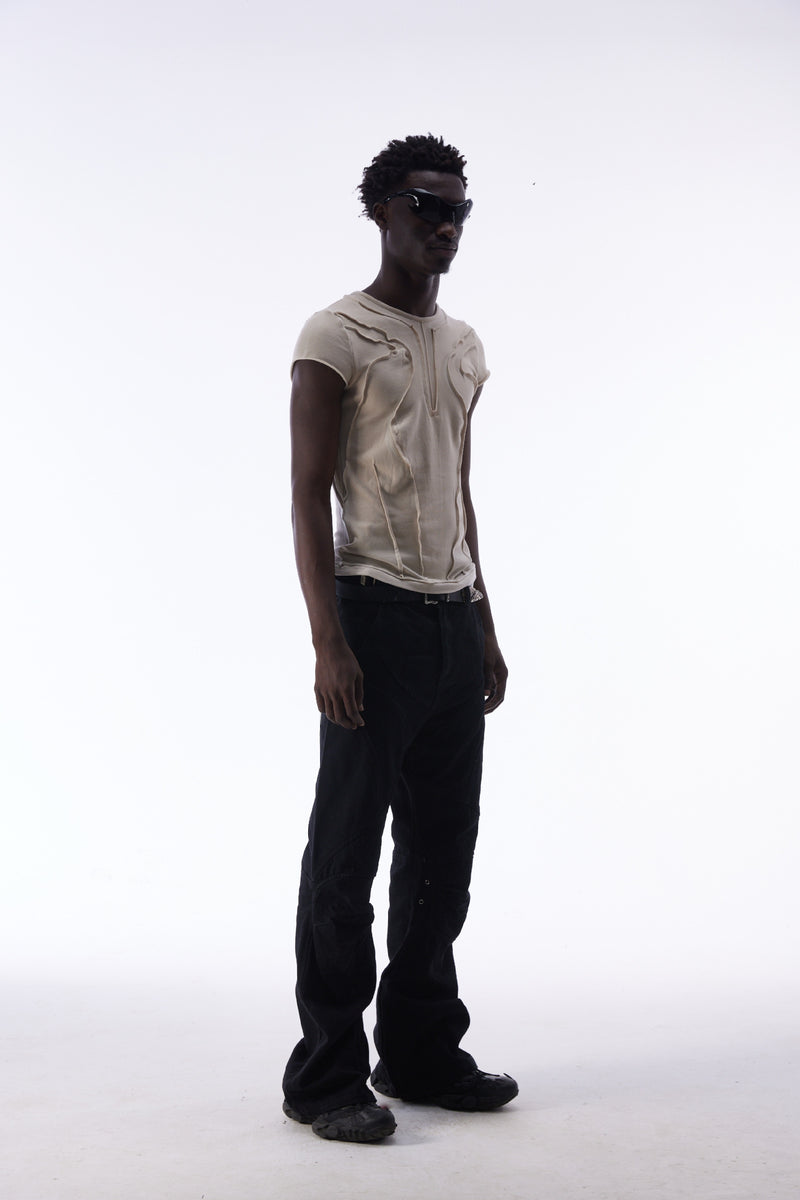 T-shirt manches courtes déconstruit à coutures 3D en relief – Streetwear délavé coupe ajustée