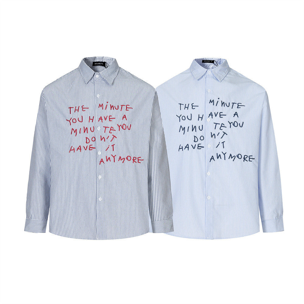 Blue and white striped long sleeve button-up shirts with embroidered letter graphic on the chest