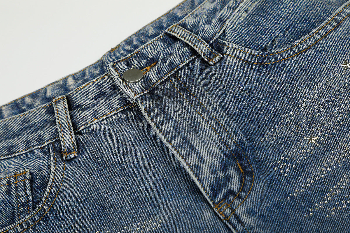 Jean baggy taille haute – Denim barrel à jambes larges avec étoiles en strass