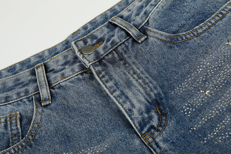 Jean baggy taille haute – Denim barrel à jambes larges avec étoiles en strass