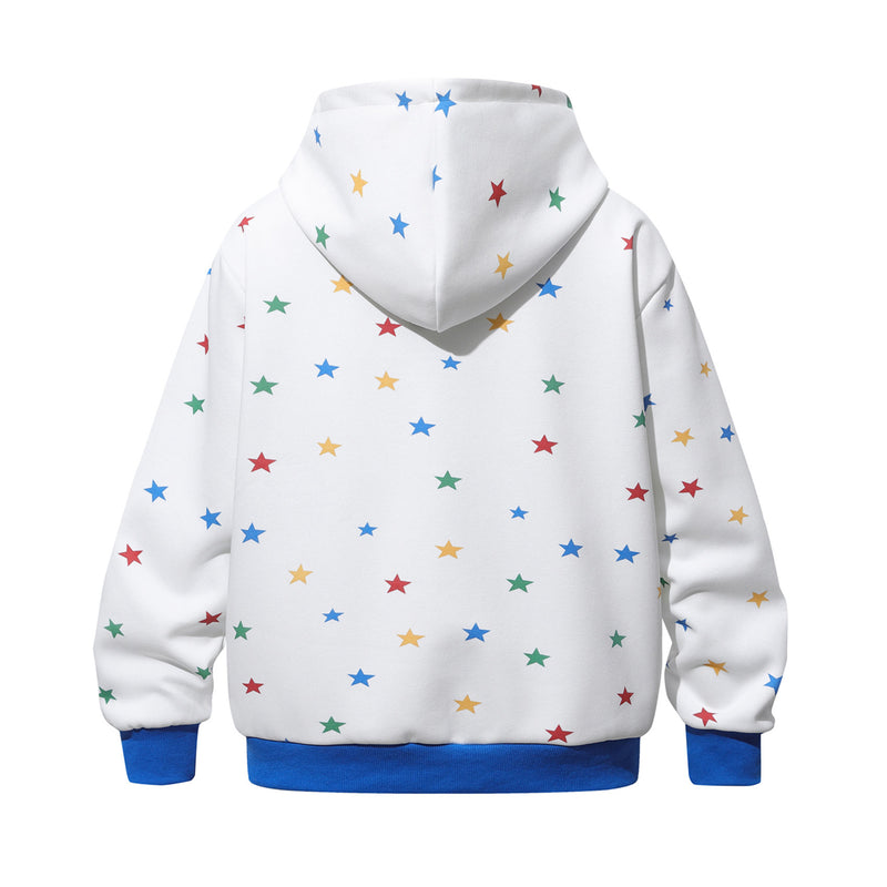 Hoodie mit Allover-Regenbogen-Sternenprint, Reißverschluss und kontrastierenden blauen Details