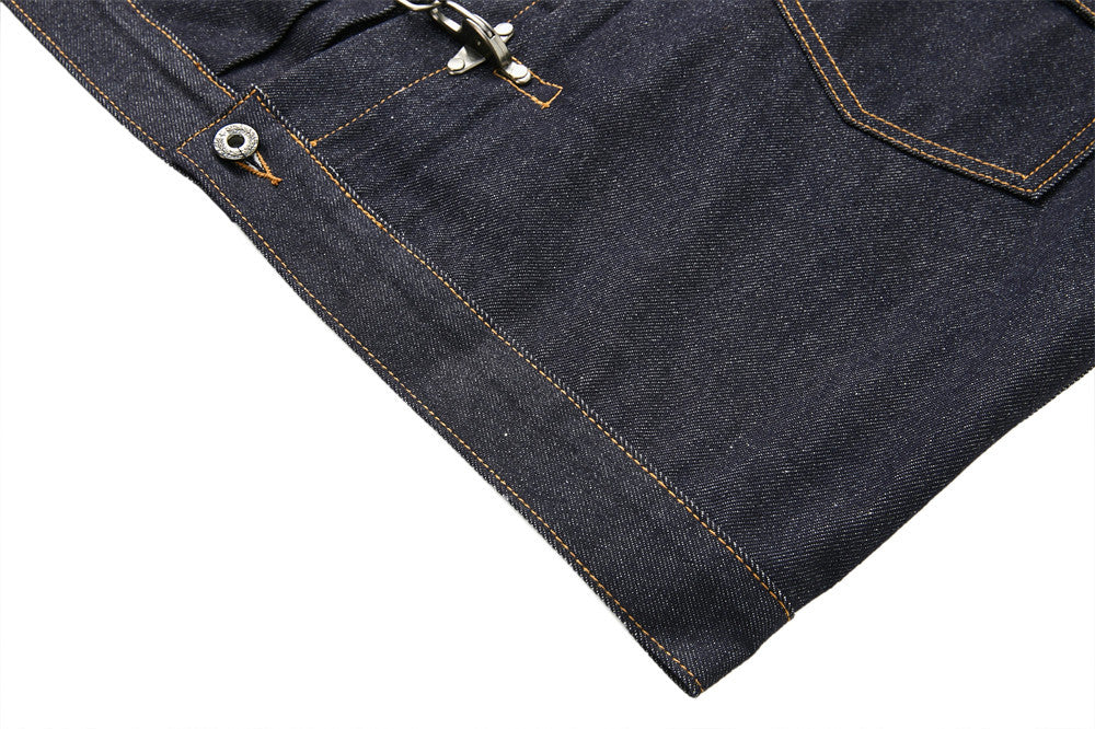 Men's Dark Indigo Denim Jacket with Metal Buckle Pleated Front Detail